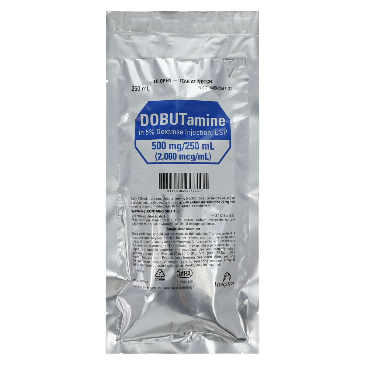 Dobutamine in 5% Dextrose Injection 500mg/Bag 2mg/mL Bag 250mL 12/Package